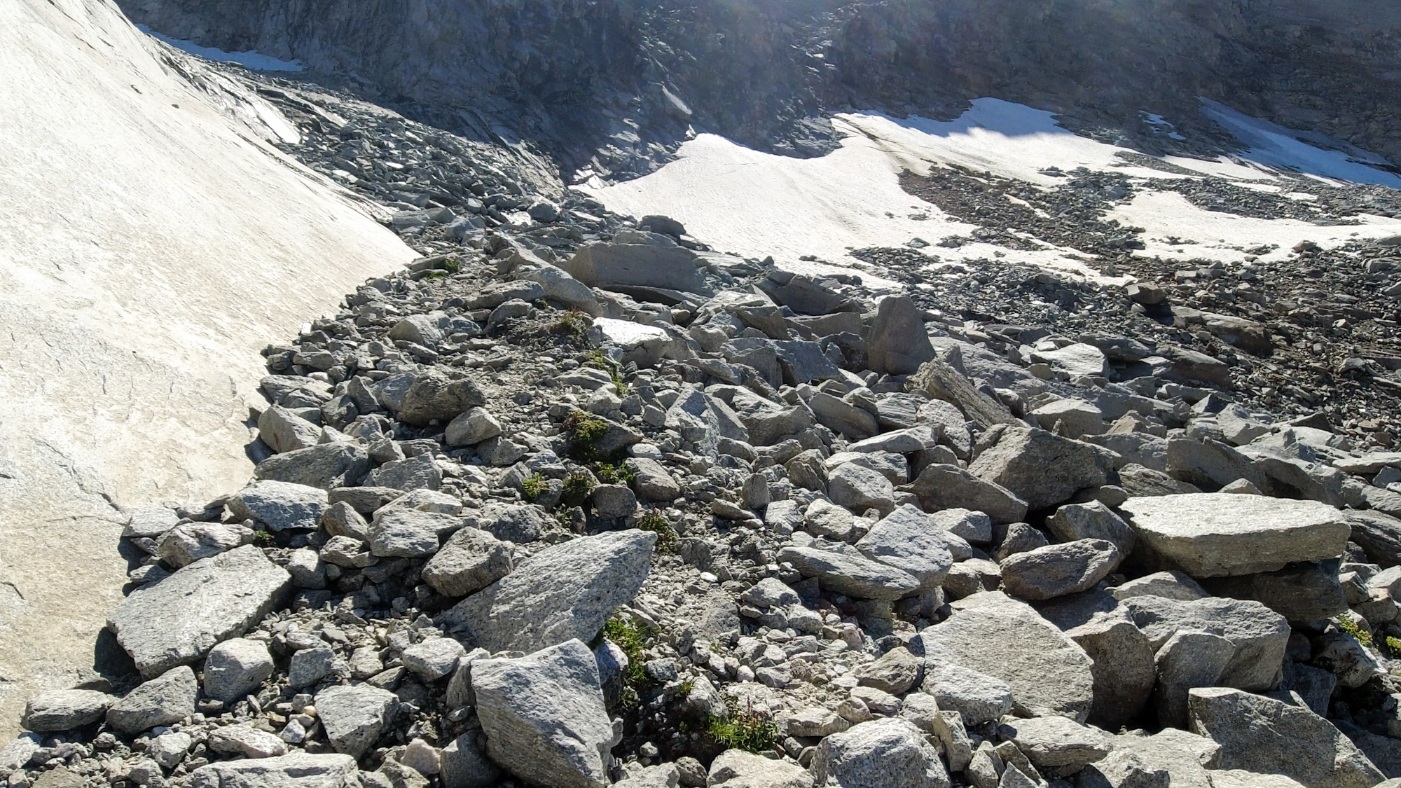 Kamenistá cesta popri hladkej platni pod Richterspitze.