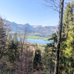 Foto 3: Pohľad cez les na jazero Wolfgangsee a okolité hory počas stúpania